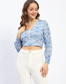 Madame Abstract Print Lace Detailed V Neck Blue Cotton Top