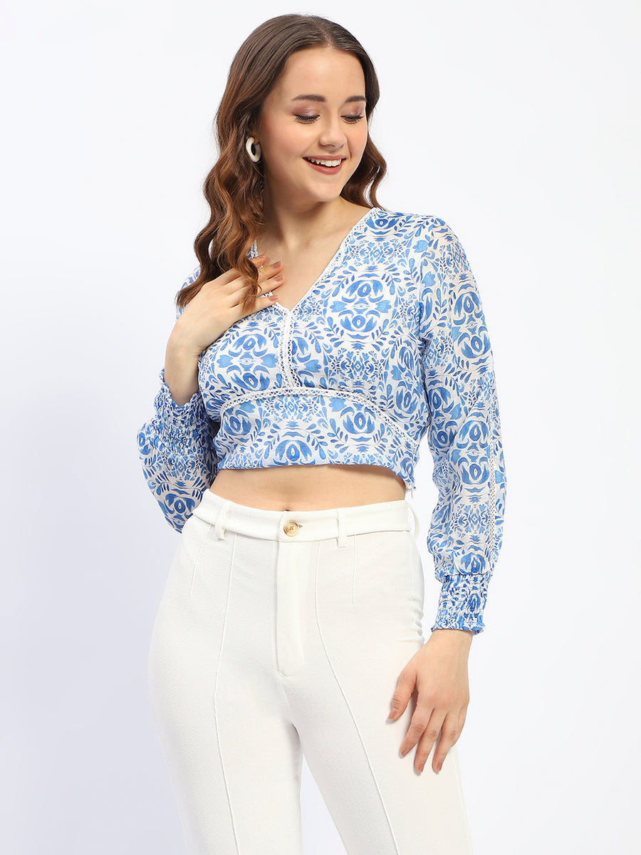 Madame Abstract Print Lace Detailed V Neck Blue Cotton Top