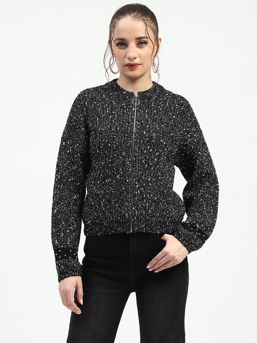 Madame Black Speckled Pullover Sweater with Half Zip