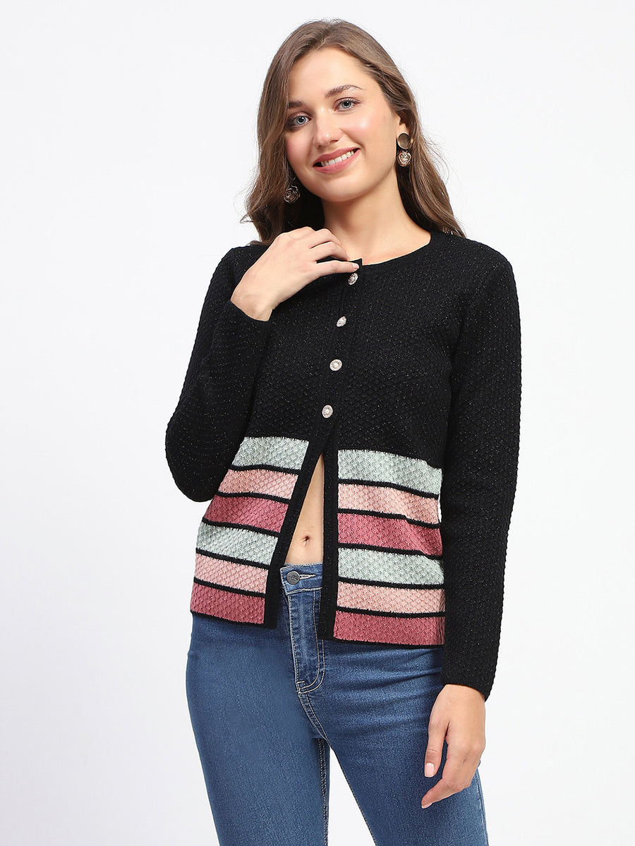 Madame Black Striped Buttoned Cardigan