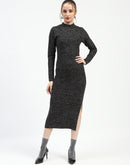 Madame Black Textured Bodycon Dress with Long Sleeves