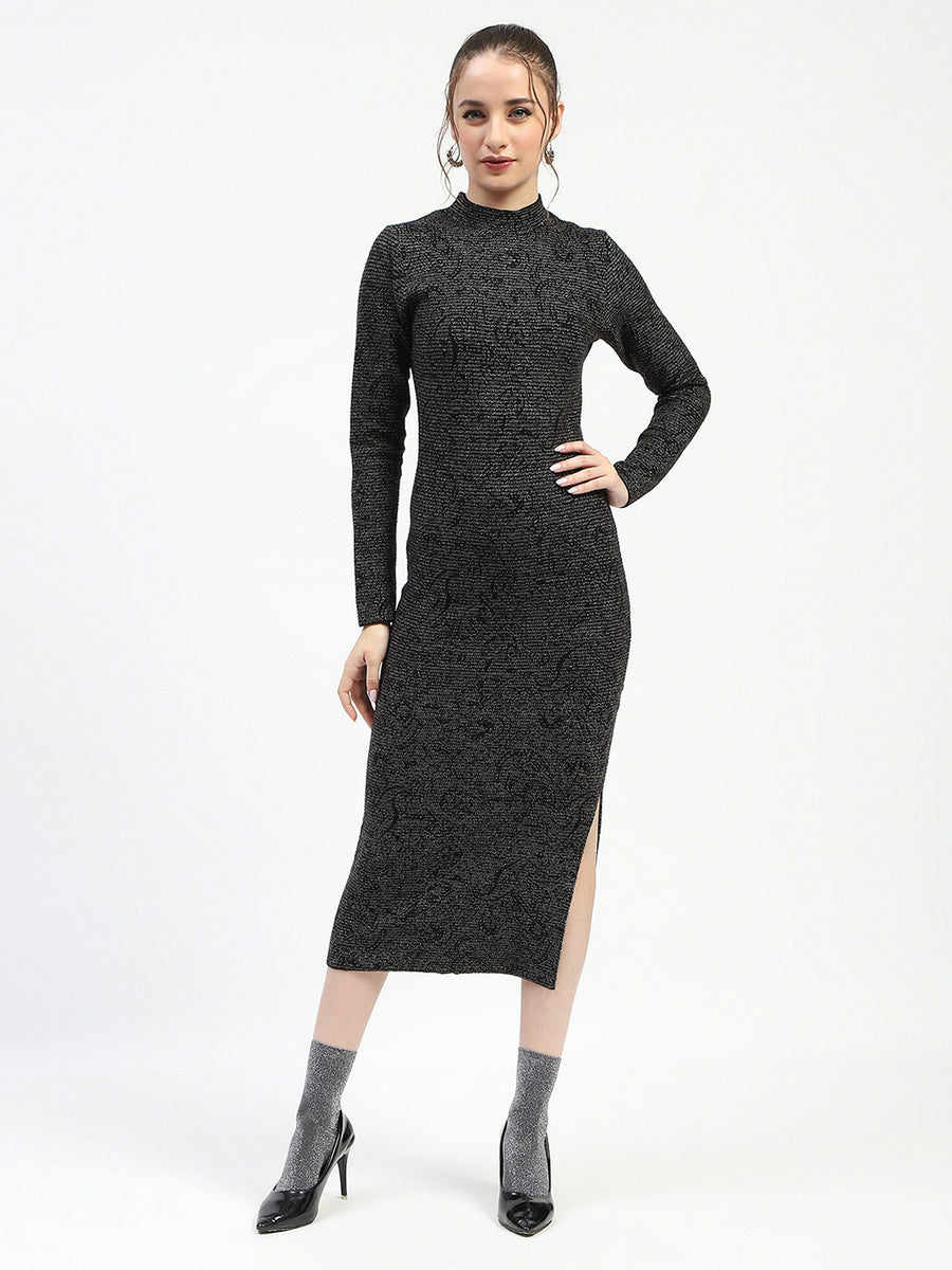 Madame Black Textured Bodycon Dress with Long Sleeves