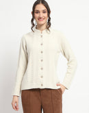 Madame Button Down Cable Knit Solid Beige Cardigan