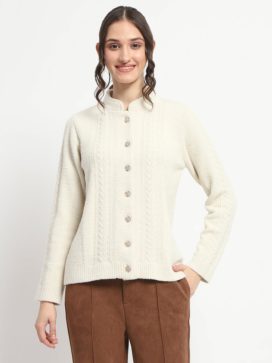 Madame Button Down Cable Knit Solid Beige Cardigan