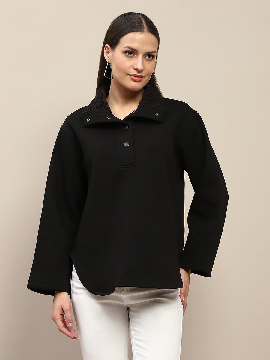 Madame Fleece Fur Attached Buttoned Black Zipper Sweatshirt