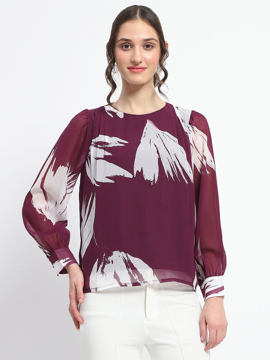 Madame Botanical Print Round Neck Plum Top