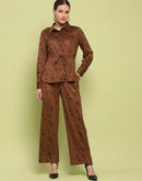 Madame Suede Belted Drawstring Top And Bottom Printed Brown Ensemble