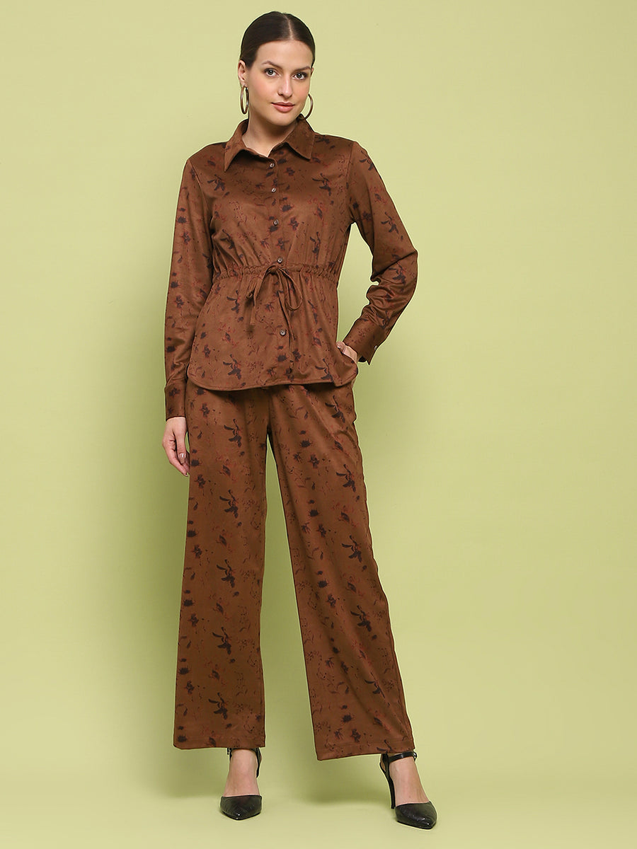 Madame Suede Belted Drawstring Top And Bottom Printed Brown Ensemble