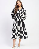 Madame Viscose Chessboard Print Cinched Waist Black Dress