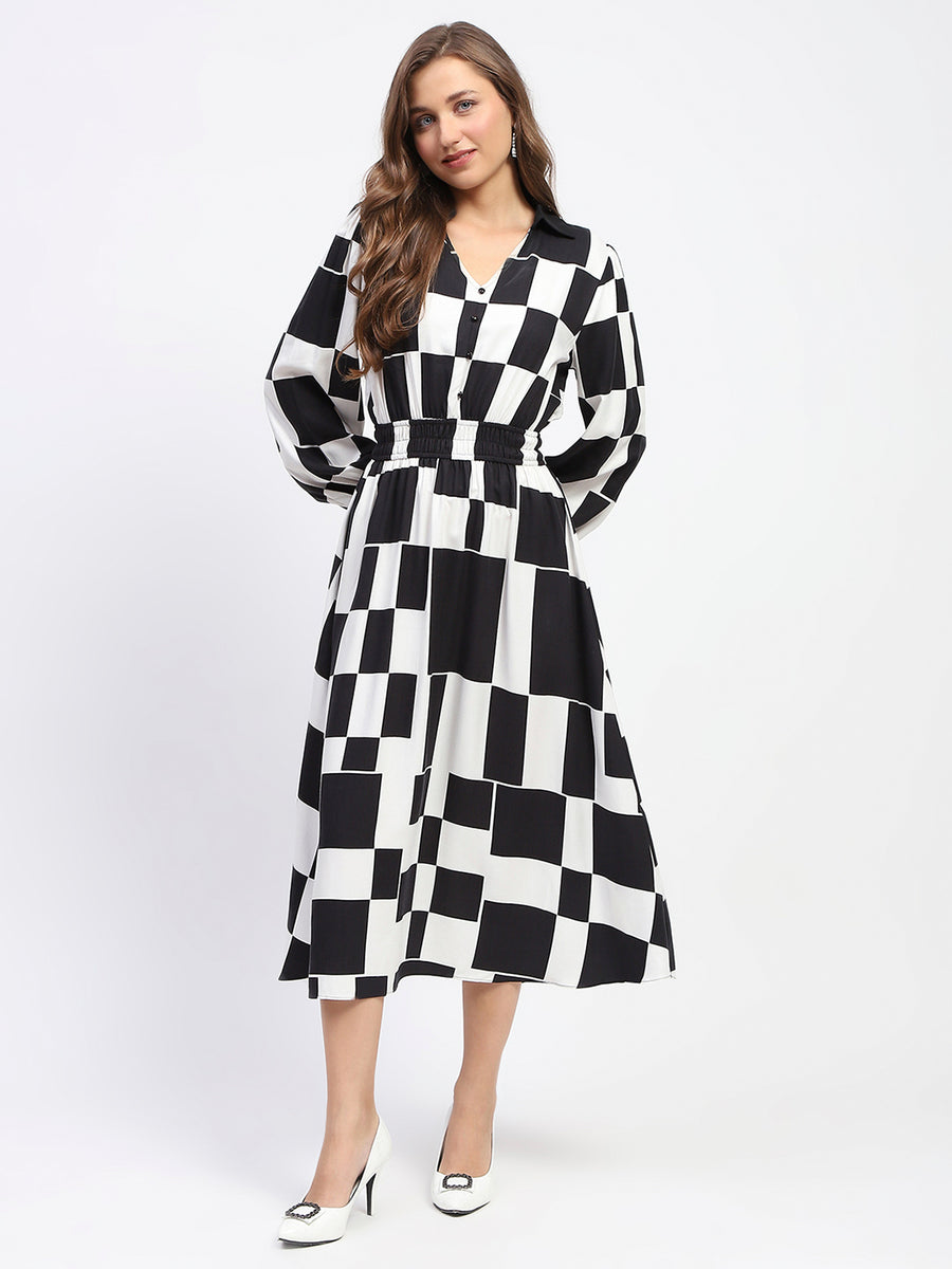 Madame Viscose Chessboard Print Cinched Waist Black Dress