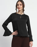 Madame Solid Black Ruffle Sleeve Satin Top