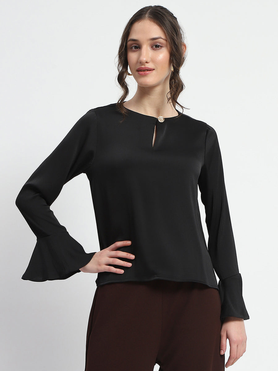 Madame Solid Black Ruffle Sleeve Satin Top