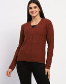 Madame Button Down Cable Knit V Neck Solid Rust Red Cardigan