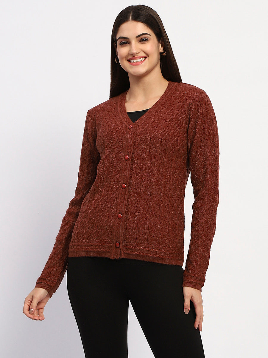 Madame Button Down Cable Knit V Neck Solid Rust Red Cardigan