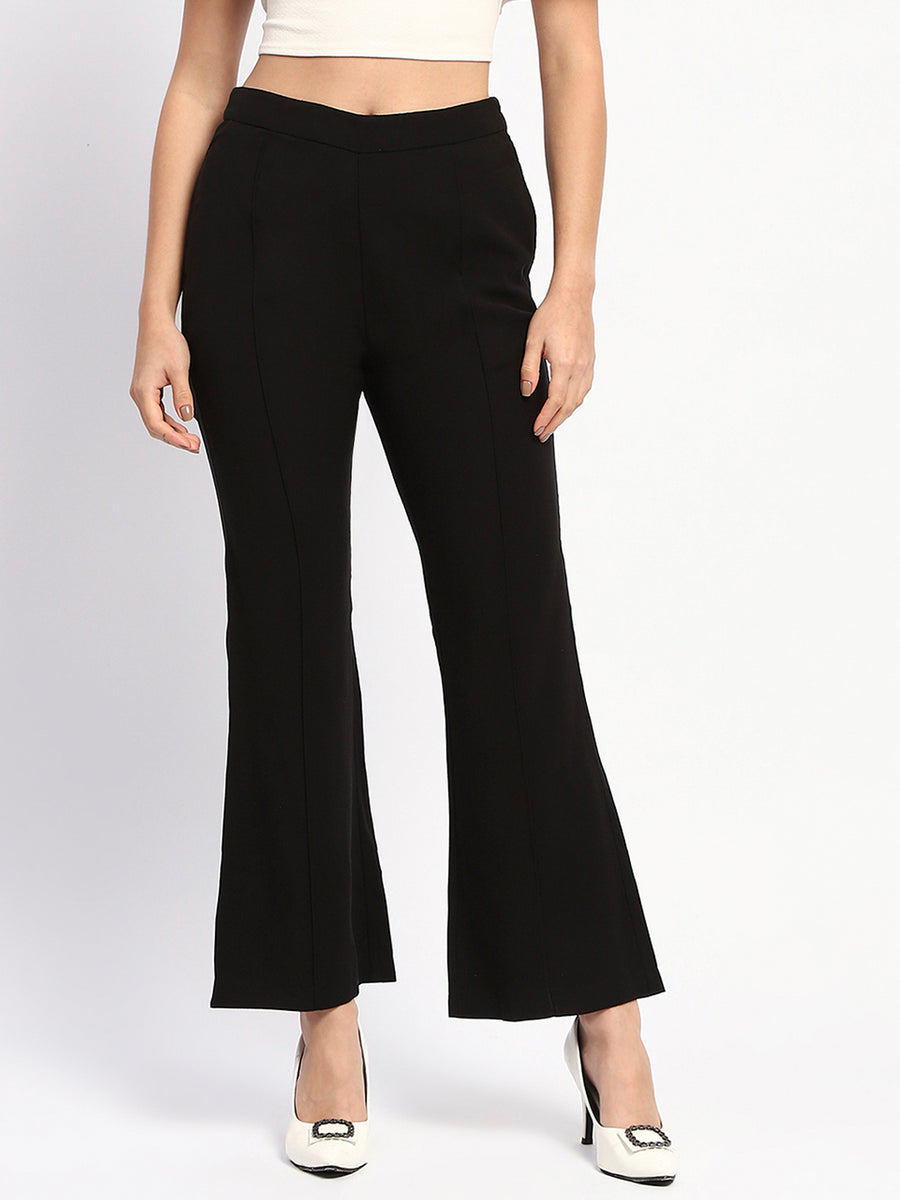 Madame Pleated Solid Black Flared Trousers