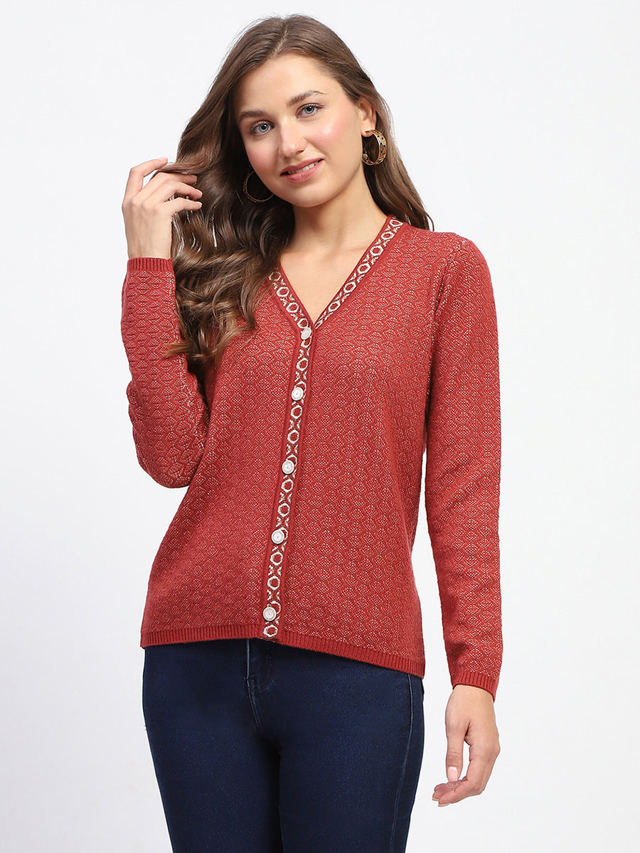 Madame Geometric Pattern V Neck Rust Cardigan