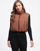 Madame High Neck Sleeveless Brown Crop Puffer Jacket