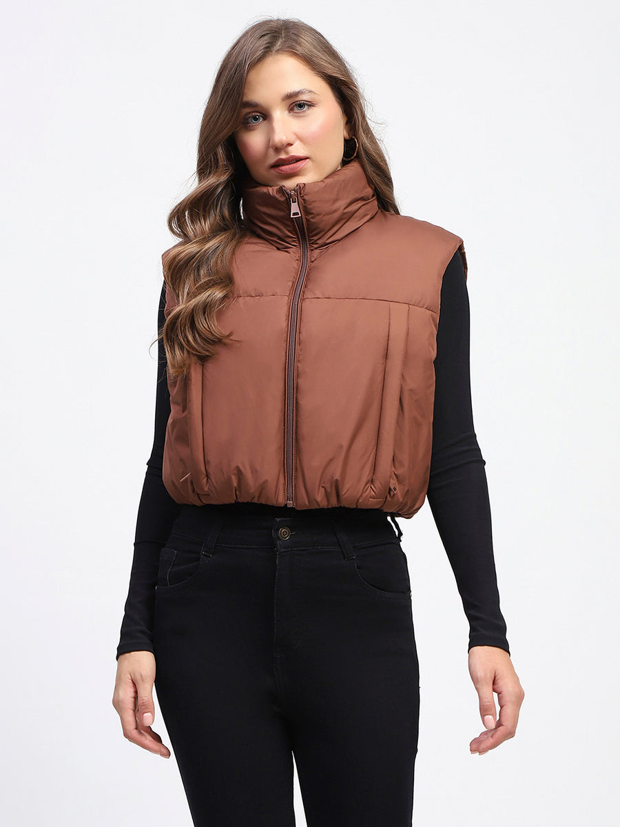 Madame High Neck Sleeveless Brown Crop Puffer Jacket