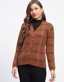 Madame Striped Brown V-Neck Buttoned Cardigan