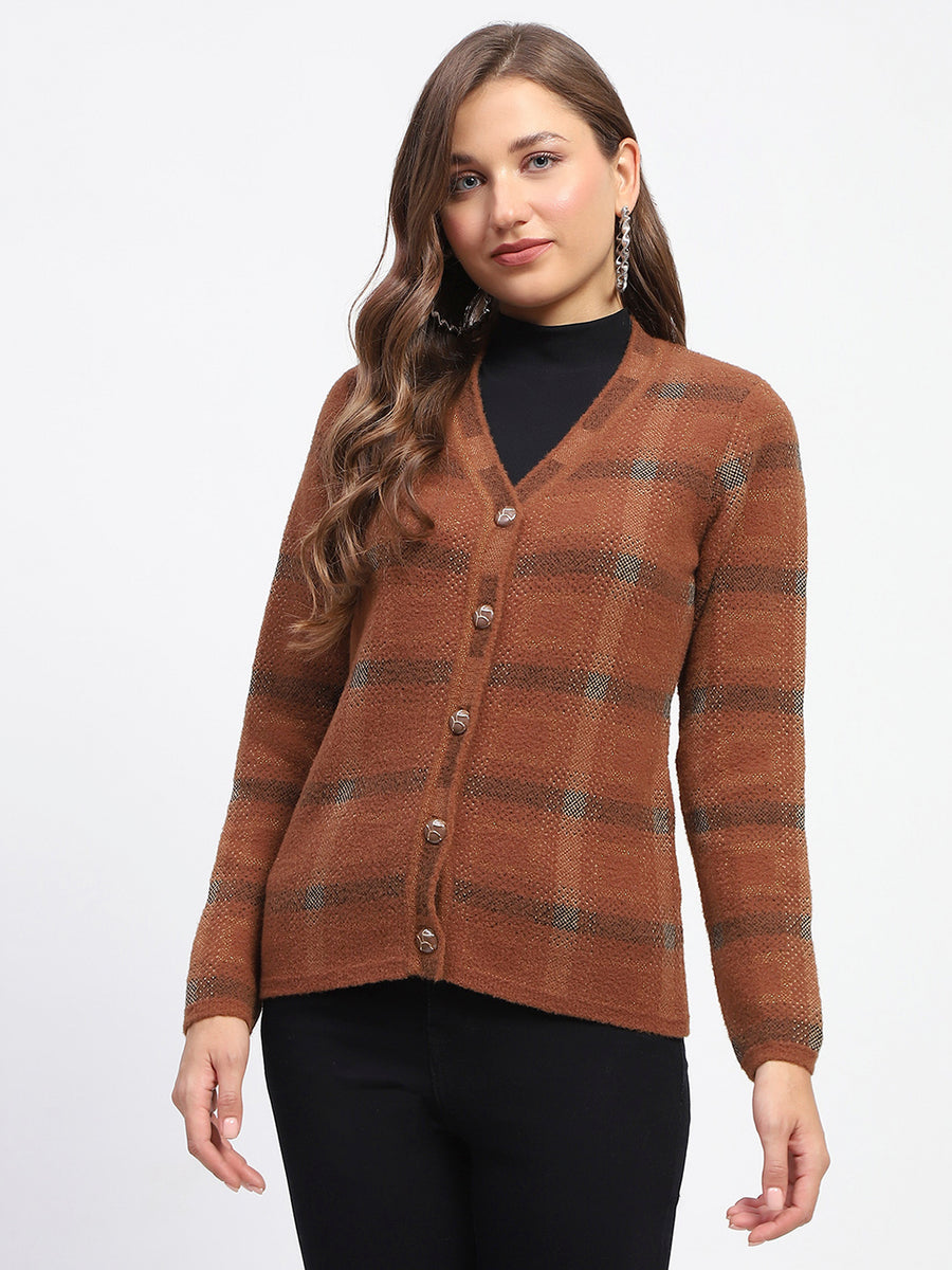 Madame Striped Brown V-Neck Buttoned Cardigan