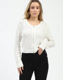 Madame Textured Round Neck Off White Zip Up Knit Top