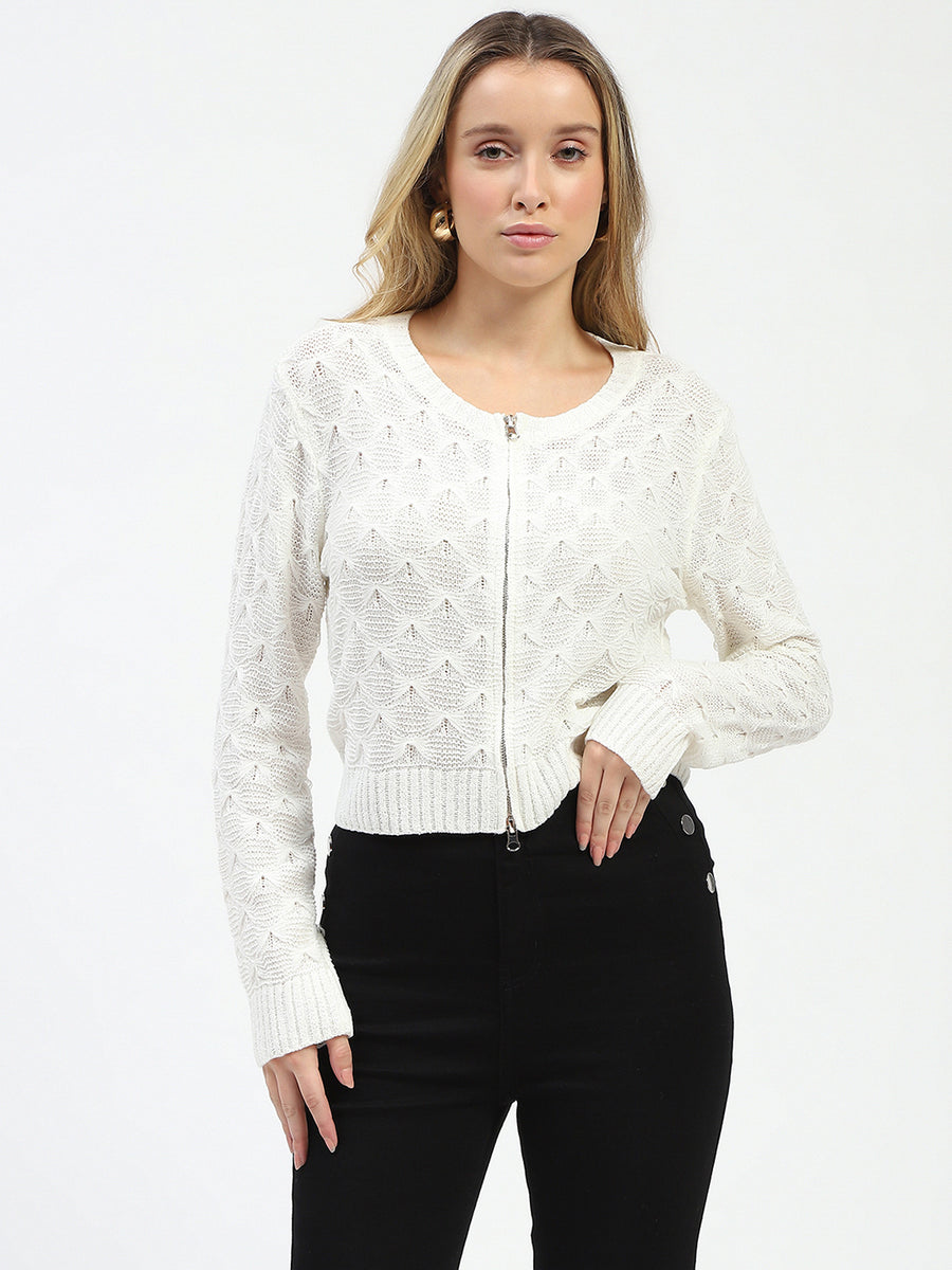 Madame Textured Round Neck Off White Zip Up Knit Top