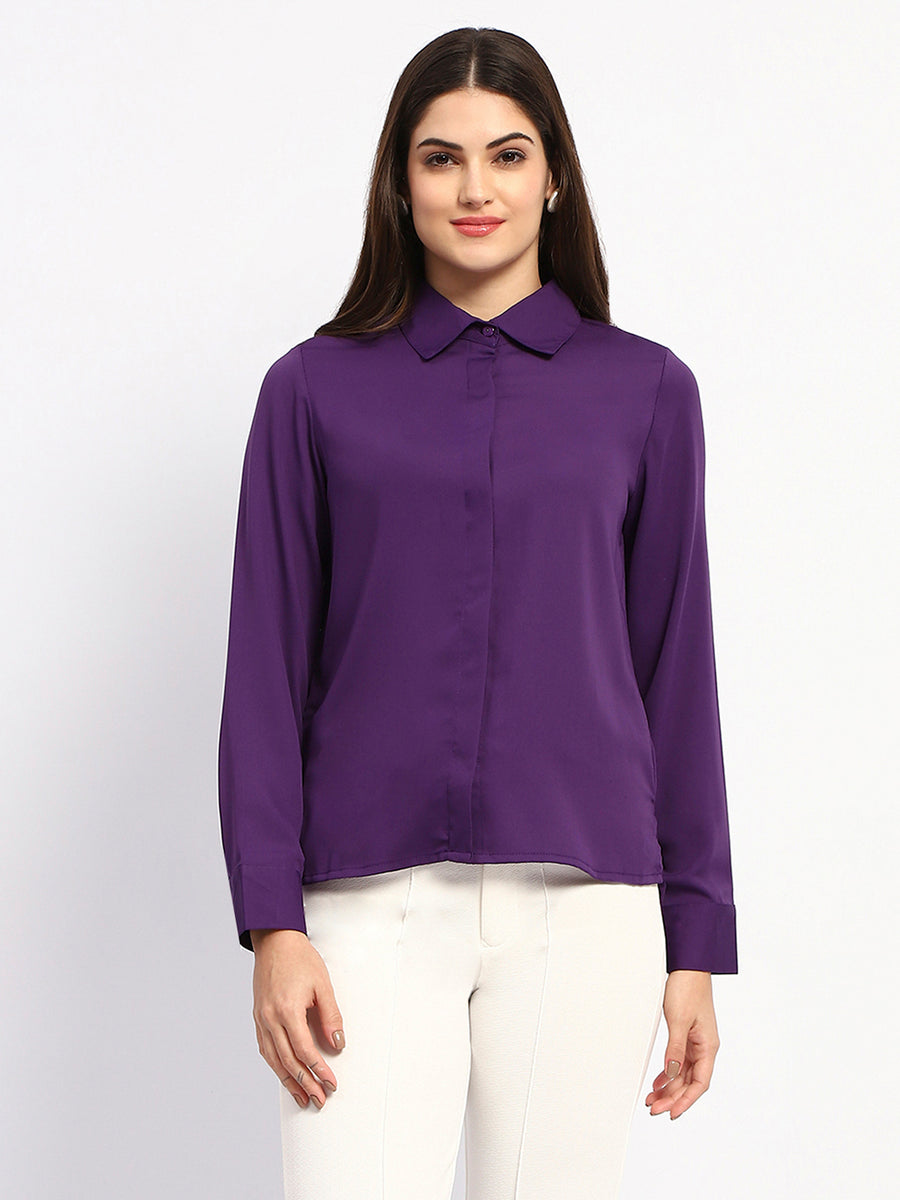 Madame Solid Purple Cuff Sleeve Shirt