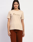 Madame Typography Print Crew Neck Cotton Beige Top