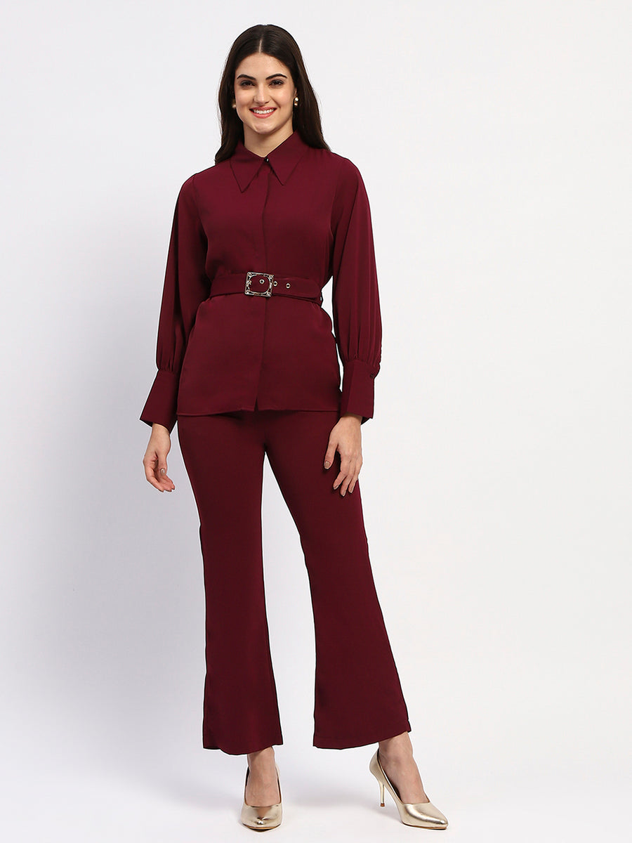 Madame Purple Belted Shirt and Wide-Leg Bottom Ensemble