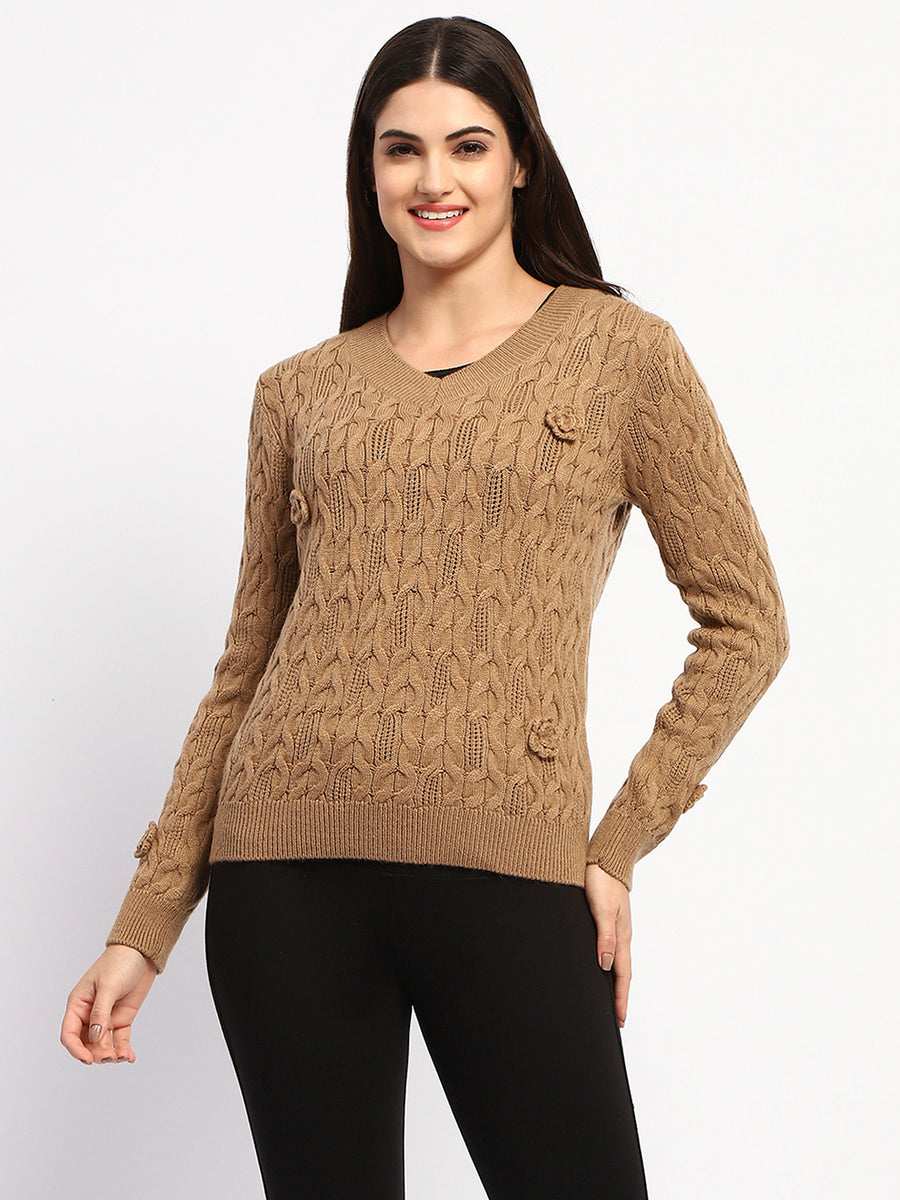 Madame Cable Knit Applique Flower Khaki Sweater