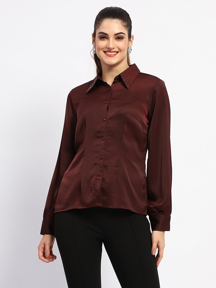 Madame Wine Embellished Collar Button-Up Shirt