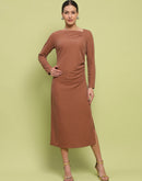 Madame Front Ruched Self Design Rust Red Knit Maxi Dress