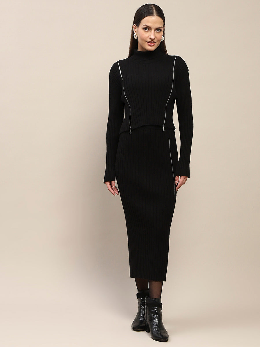 Madame Zip Detailed Top and Skirt Black Ensemble