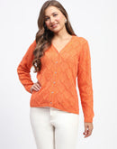 Madame Geometric Pattern V Neck Orange Cardigan