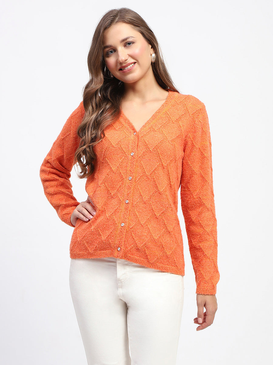 Madame Geometric Pattern V Neck Orange Cardigan