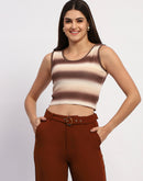 Madame Striped Sleeveless Cotton Brown Crop Sweater