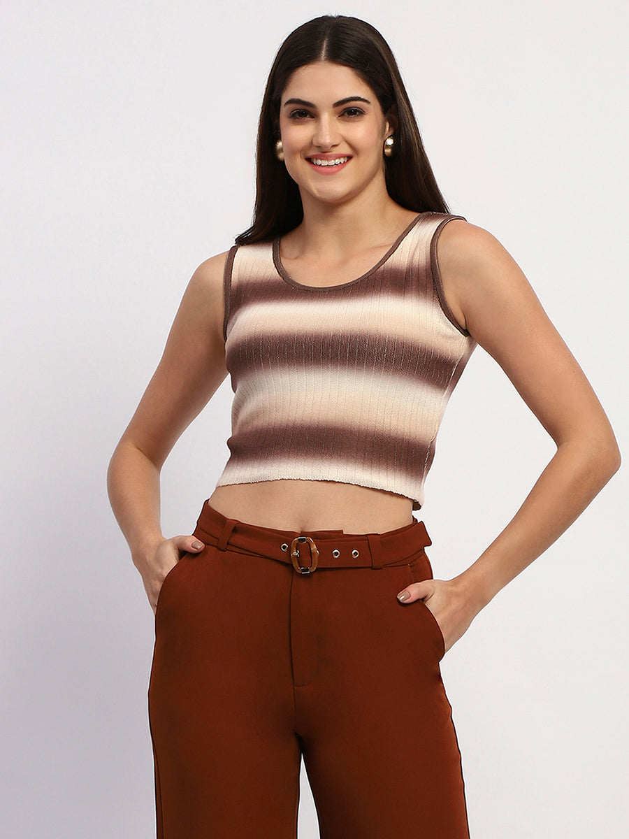 Madame Striped Sleeveless Cotton Brown Crop Sweater