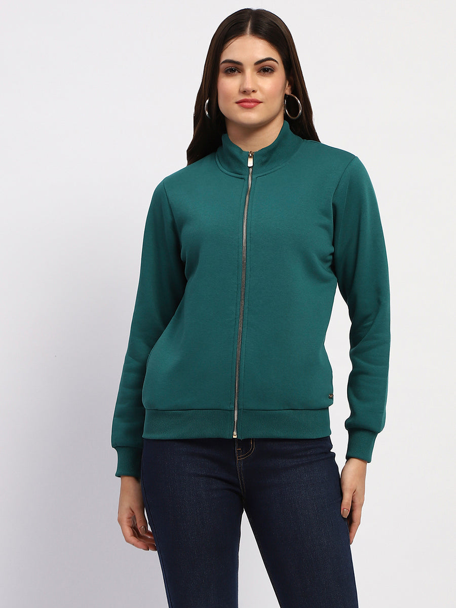 Madame Teal Grab Full-Zip Cotton High Collar Sweatshirt