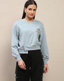 Madame Cotton Embroidery Detailed Light Sky Crop Sweatshirt