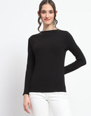 Madame High Neck Full Sleeve Solid Black Top