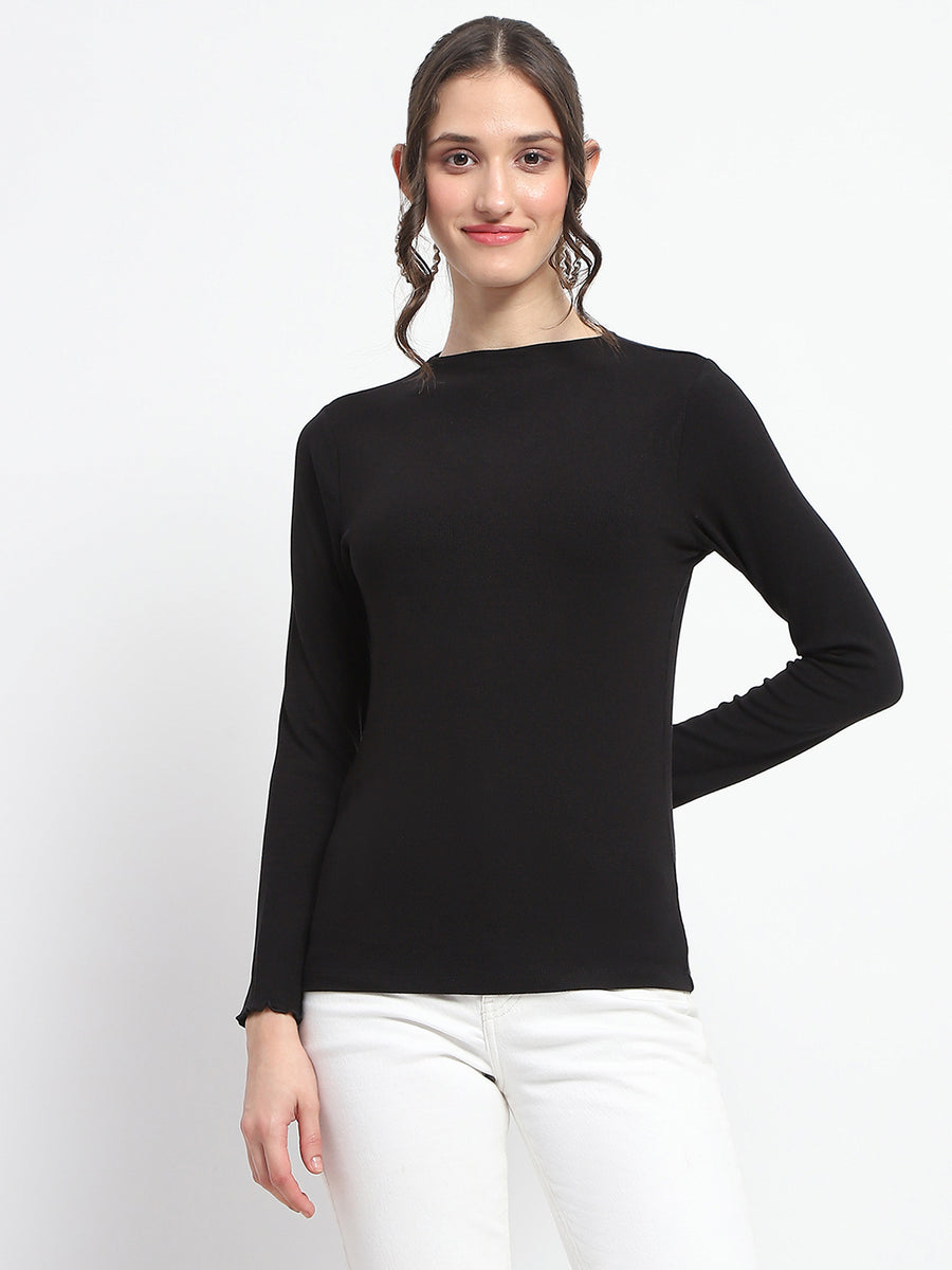 Madame High Neck Full Sleeve Solid Black Top