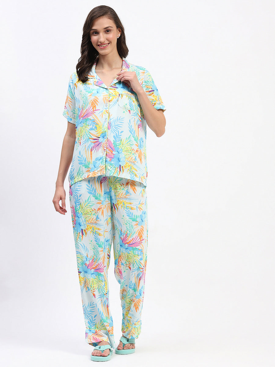 mSECRET Tropical Floral Print Sky Blue Night Suit Set