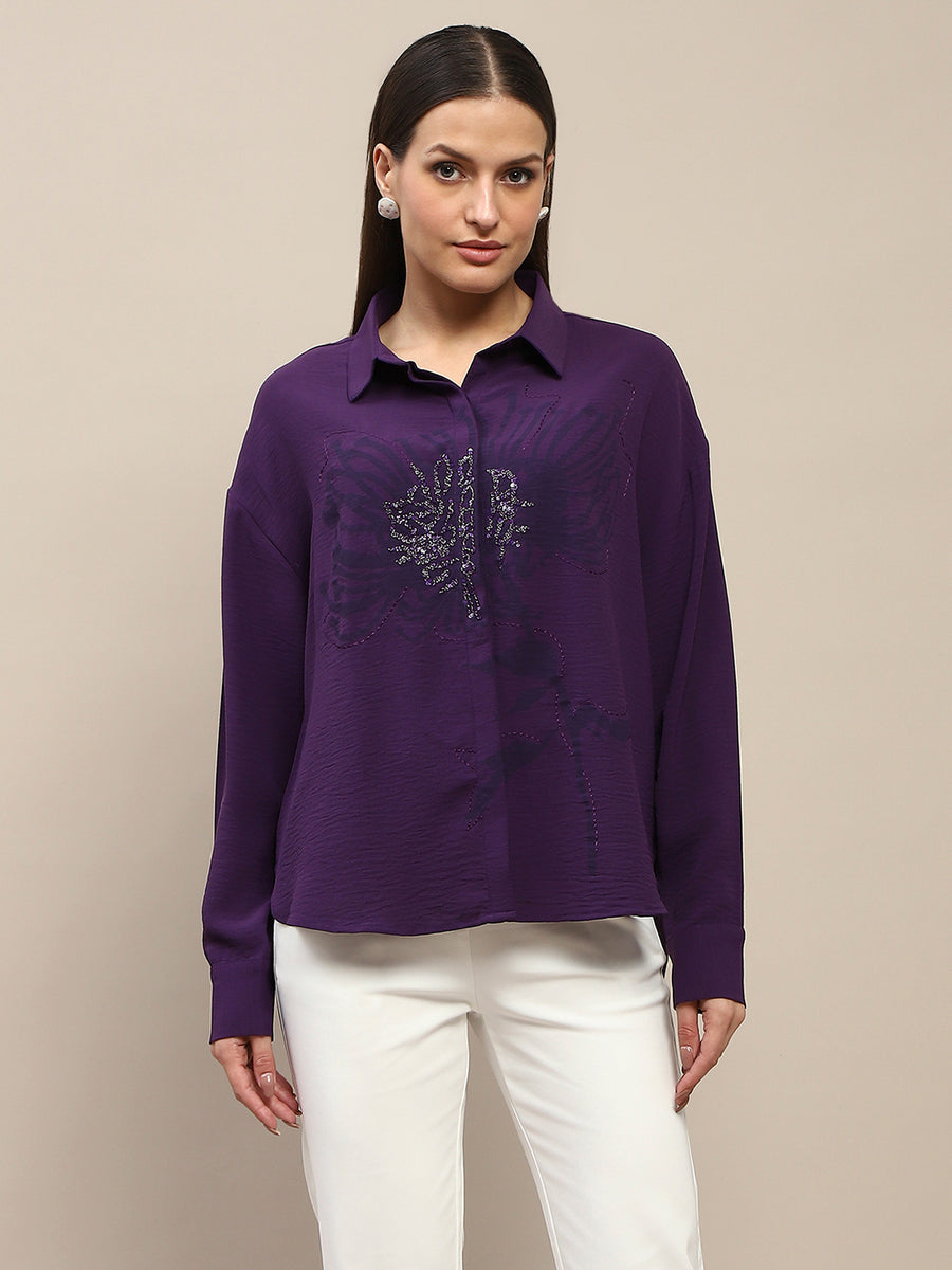 Madame Purple Print Sequin Embellished Shirt