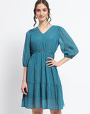 Madame Shimmery Tiered Belted Waist Teal Midi Dress