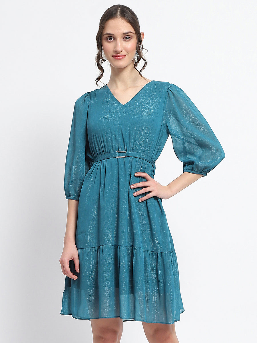 Madame Shimmery Tiered Belted Waist Teal Midi Dress