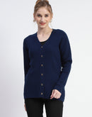 Madame Solid Navy Blue Cable Knit Full Sleeve Cardigan