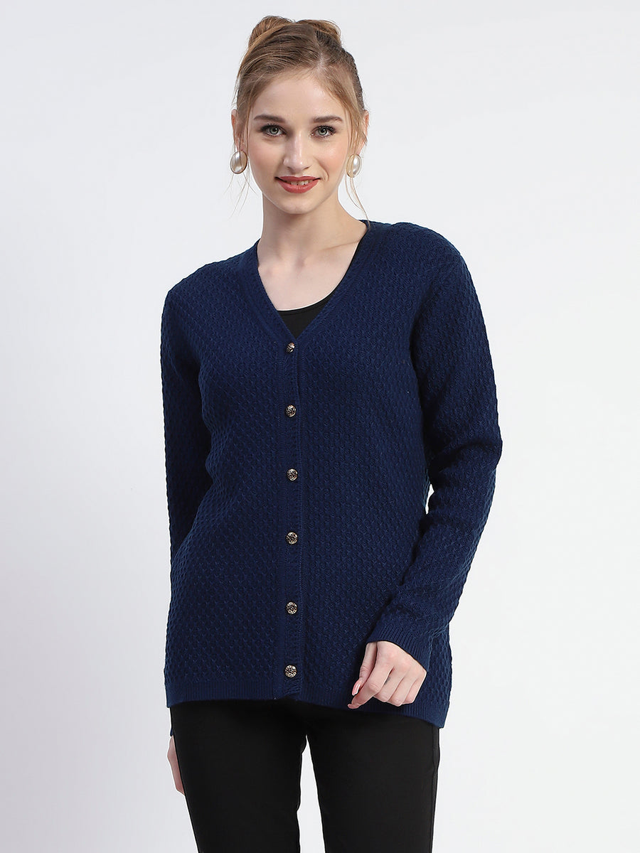 Madame Solid Navy Blue Cable Knit Full Sleeve Cardigan