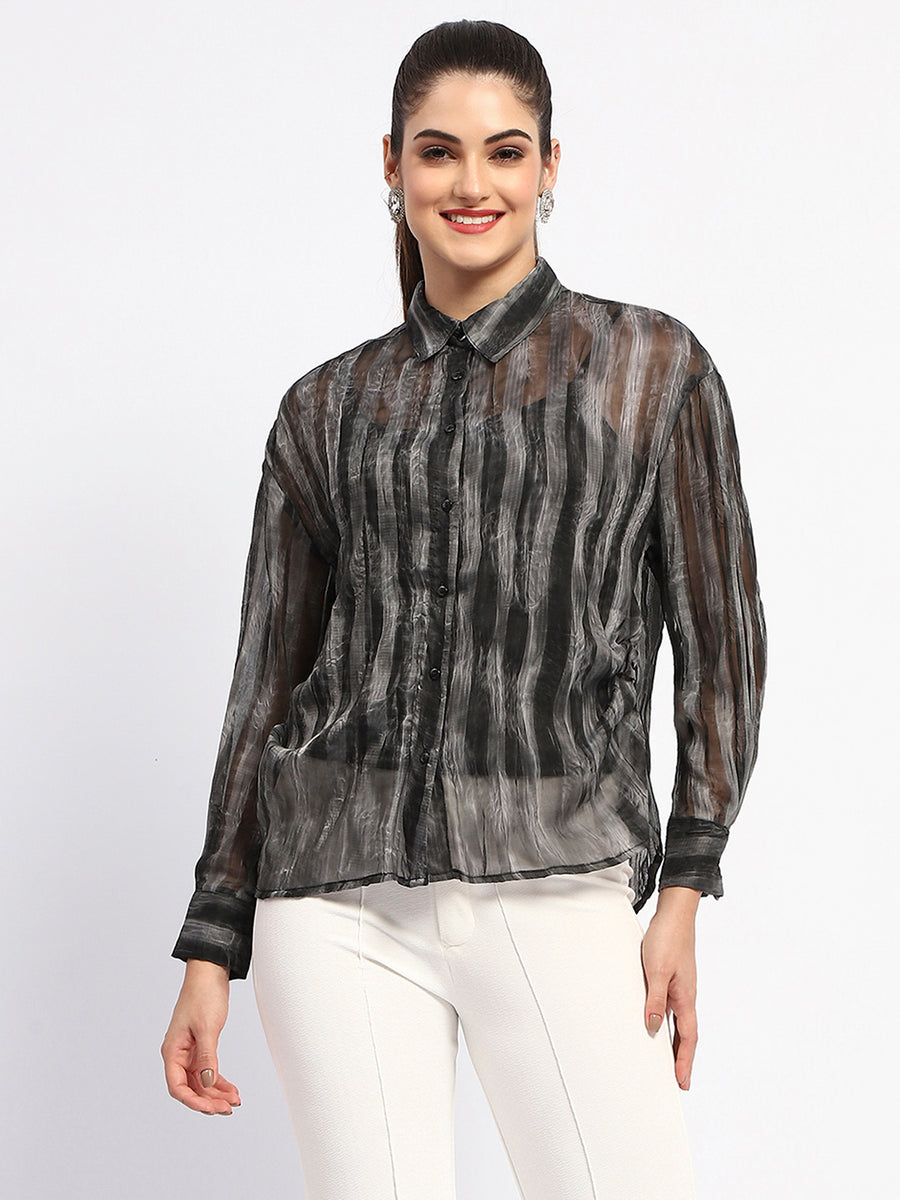 Madame Striped Collared Black Shirt