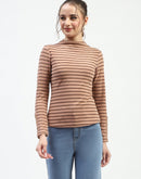 Madame Mock Neck Striped Button Detailed Sleeve Brown Top