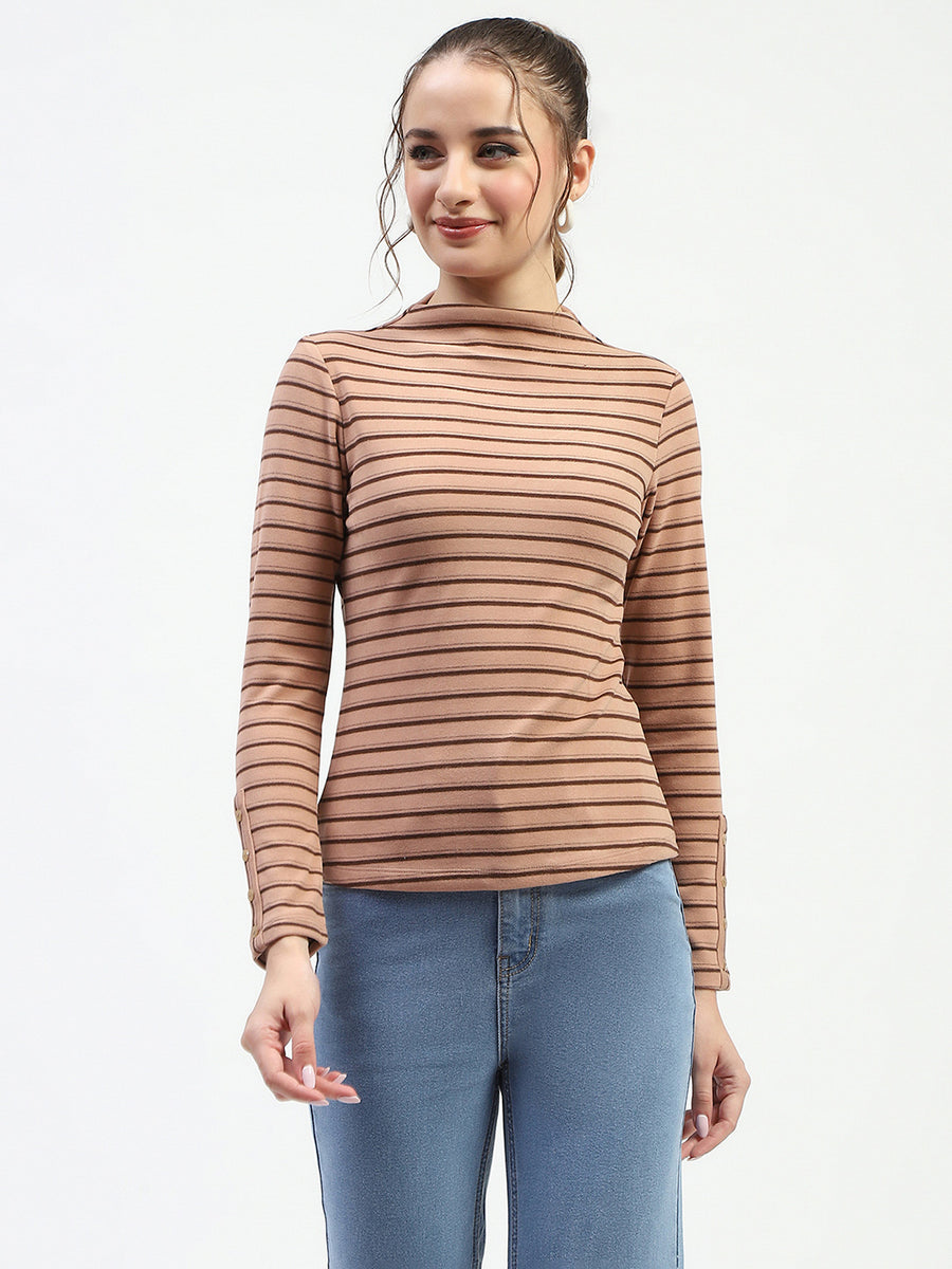 Madame Mock Neck Striped Button Detailed Sleeve Brown Top